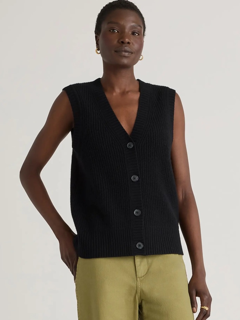 Quince Cashmere Fisherman Sweater Vest, black, XL